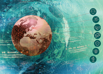 Punainen maapallo vihreällä taustalla.