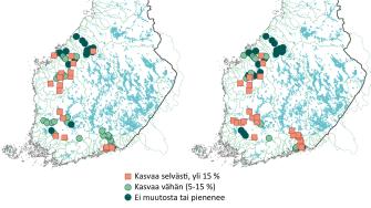 Kahdella Suomen kartalla on näytetty symboleilla ilmastonmuutoksen vaikutukset patojen mitoitustulviin jaksolla 2010 - 2039 ja jaksolla 2040 - 2099. 