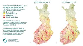 Kartta havainnollistaa ihmisen aiheuttaman ravinnekuormituksen merkittävyyttä vesistöihin Suomessa asteikolla erittäin merkittävä, merkittävä, silmälläpidettävä ja ei merkittävä. Erittäin merkittävää fosfori- ja typpikuormitus on useissa rannikkoalueen vesimuodostumissa ja ei merkittävää Pohjois-Lapissa ja Käsivarren Lapissa. Fosforikuormitus on useilla alueilla typpikuormitusta merkittävämpää.