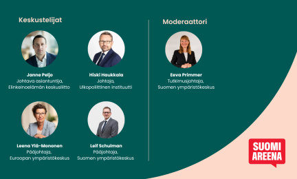 Kuvassa keskustelijat Janne Peljo, johtava asiantuntija, Elinkeinoelämän keskusliitto, Hiski Haukkala, johtaja, Ulkopoliittinen instituutti, Leena Ylä-Mononen, pääjohtaja, Euroopan ympäristökeskus, Leif Schulman, pääjohtaja, Suomen ympäristökeskus sekä moderaattori Eeva Primmer, tutkimusjohtaja, Suomen ympäristökeskus.