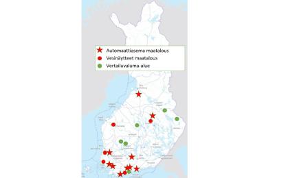 Suomen kartta, johon kuvattu 13 AGRIMIN verkoston mittapistetta tai vertailualuetta. Kaikki alueet ovat Keski- tai Etelä-Suomessa.