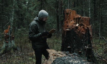 Mies tutkii puunrunkoa.