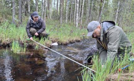 Two people holding a measuring tape over a stream