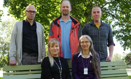 Koordinatorer för Syke projektorganisation. Övre raden från höger: Jyrki Laitinen (WP3), Jukka Mehtonen (WP4) och Lauri Äystö (WP1). Nedre raden: Päivi Fjäder och Taina Nysten (projektkonsortium, Syke & WP5).