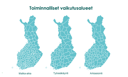 Kolme karttaa Suomesta, joissa on esitetty yleispiirteisesti toiminnallisia vaikutusalueita. Ensimmäisessä kartassa näkyvät alueellisten palveluiden maantieteellisen saavutettavuuden vyöhykkeet, toisessa kartassa seudulliset työssäkäyntialueet, ja kolmannessa mobiilidataan perustuvat arkiasiointivyöhykkeet. Aluerajat näkyvät valkoisella ja alueet turkoosilla.