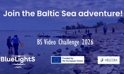 Students collecting water samples at the Baltic Sea shoreline; includes logos: BlueLights, EU, HELCOM