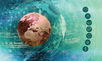 Punainen maapallo vihreällä taustalla.