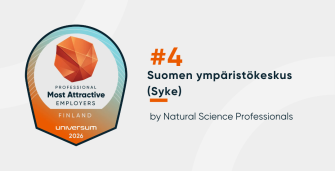 Universumin Professionals Most Attractive Employers Finland 2026 -rankingmerkki. Suomen ympäristökeskus (Syke) sijoittui neljänneksi luonnontieteiden ammattilaisten houkuttelevimpien työnantajien joukossa Suomessa