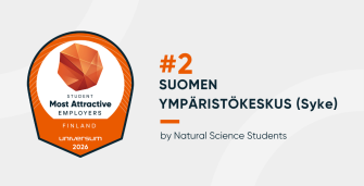 Universum results with the official logo. Texts: "Most atractive employees, Universum 2026, #2 Suomen ympäristökeskus (Syke), By natural science students"