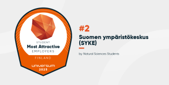 Universum's research results in a badge with the text "Student, Most attractive employees Finland, Universum 2025, #2 Suomen ympäristökeskus (Syke), by Natural Sciences Students".