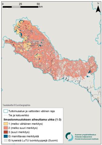 Kartta Suonen käsivarresta, joka kuvaa ilmastonmuutoksen aiheuttamaa uhkaa eri väreillä.