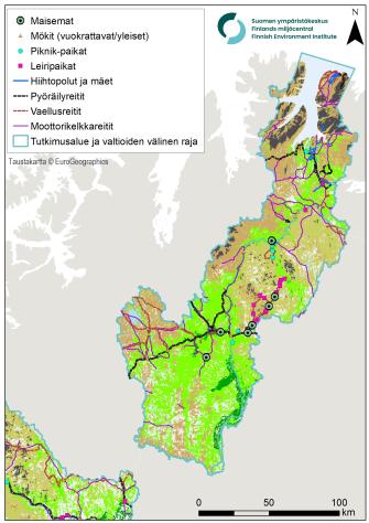 Kartta, joka kuvaa virkistystoimintaa Barentsin alueella.